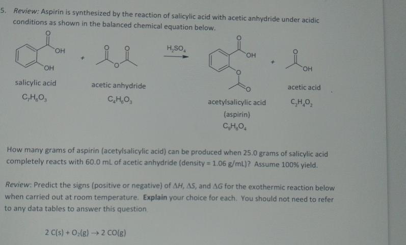 Solved 5. Review: Aspirin is synthesized by the reaction of | Chegg.com