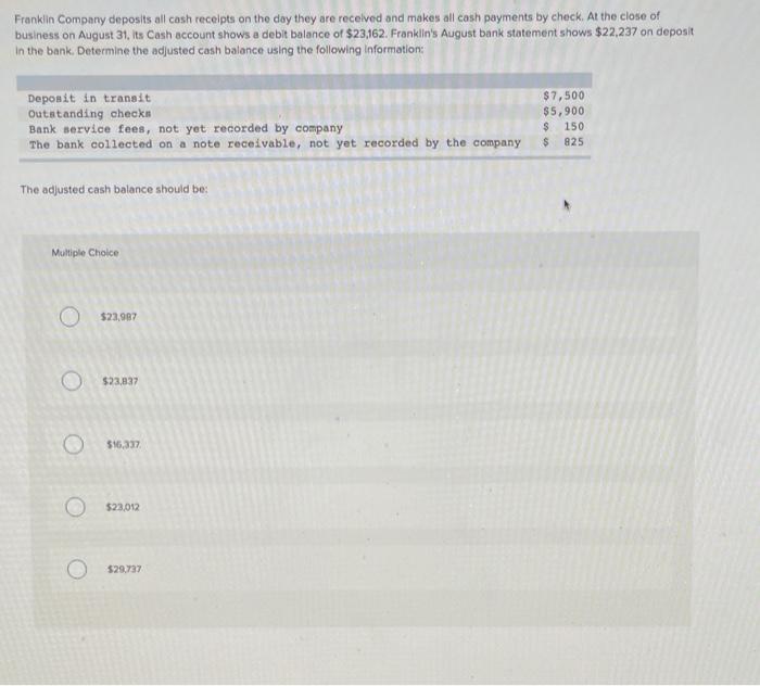 Solved Franklin Company deposits all cash receipts on the