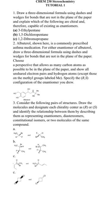 Solved CHEM 230 Stereochemistry TUTORIAL 1 1. Draw a | Chegg.com