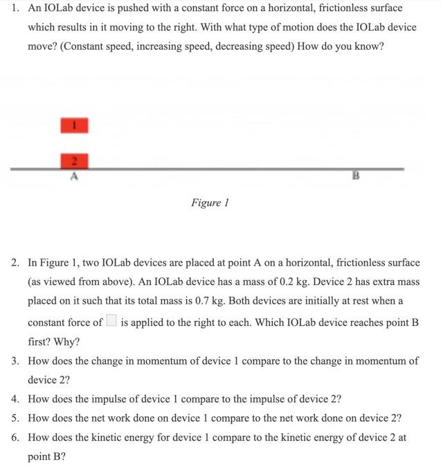 Solved 1. An IOLab device is pushed with a constant force on | Chegg.com