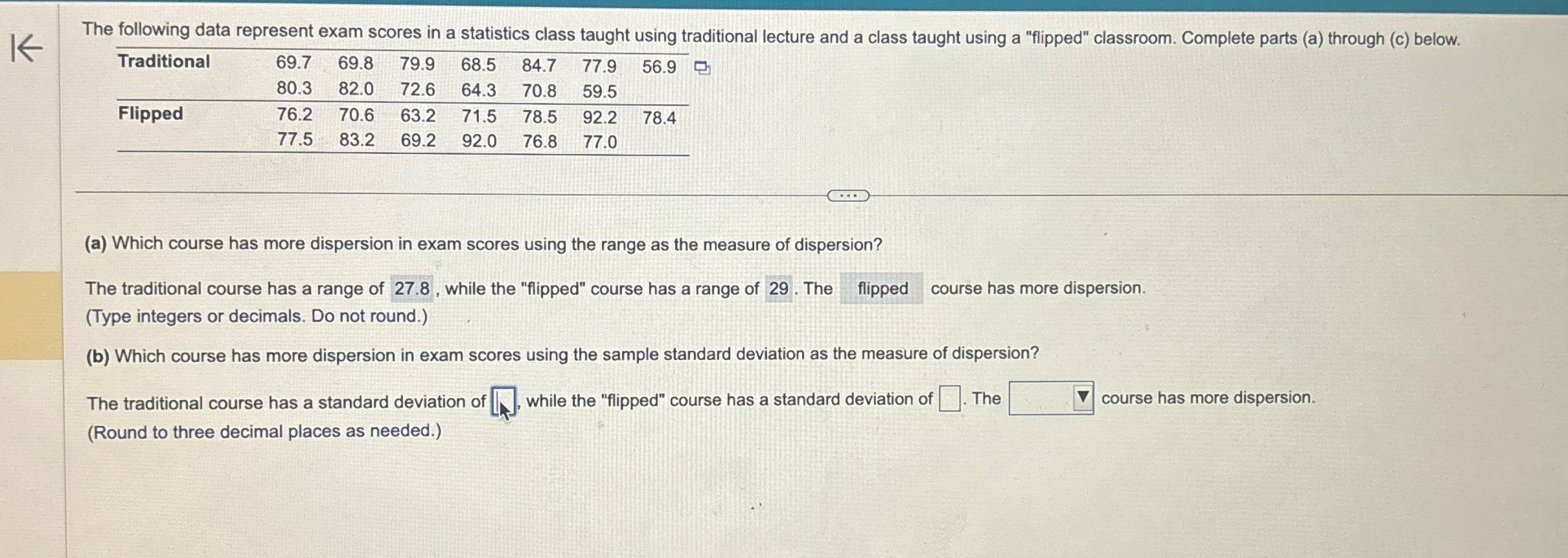 Solved The following data represent exam scores in a | Chegg.com