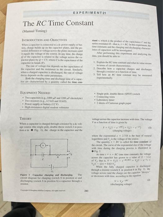 Solved EXPERIMENT 21 The RC Time Constant (Manual Timing) | Chegg.com