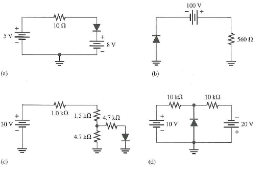 Determine the voltage across each diode in Figure 1, assuming the practical model. Figure 1