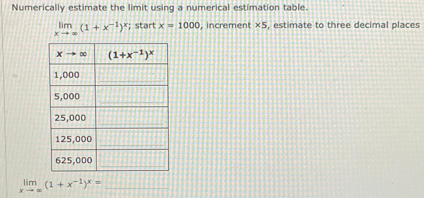 Solved Numerically estimate the limit using a numerical | Chegg.com