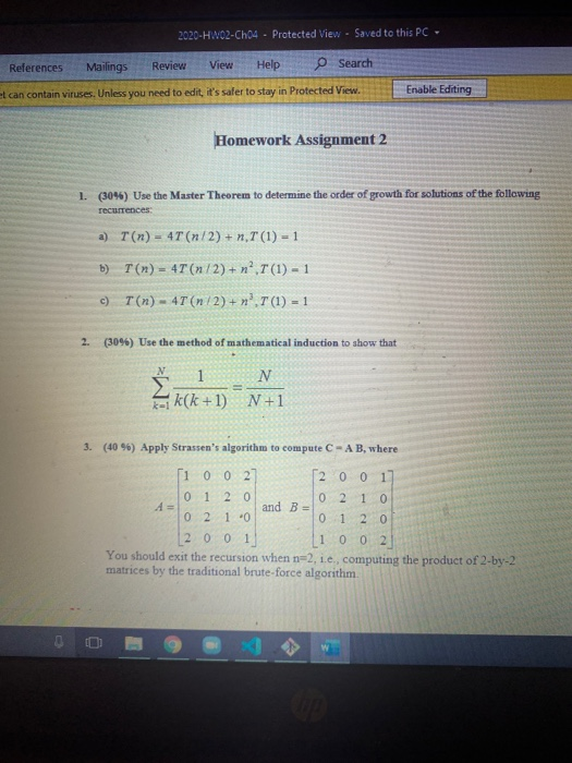 Solved 2020 HW02-Ch04 - Protected View - Saved to this PC- | Chegg.com