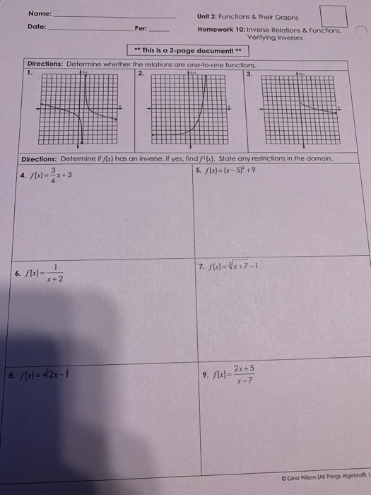 Name Date Unit 2 Functions Their Graphs Per Chegg Com