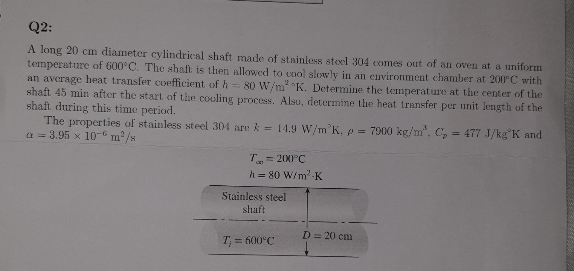 Q2:
A long 20 cm diameter cylindrical shaft made of stainless steel 304 comes out of an oven at a uniform
temperature of 600°