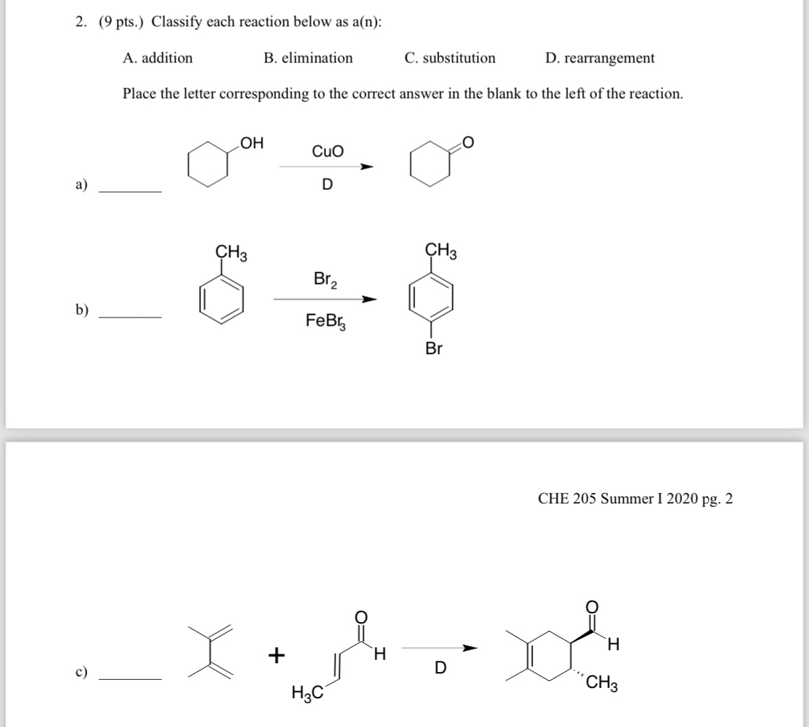 Solved (9 ﻿pts.) ﻿Classify each reaction below as a(n) ﻿:A. | Chegg.com