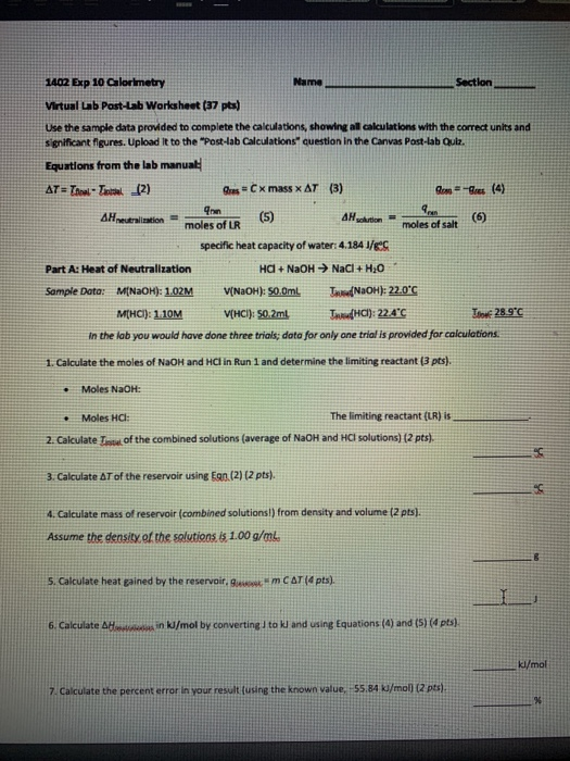1402 Exp 10 Calorimetry Section Virtual Lab PostLab