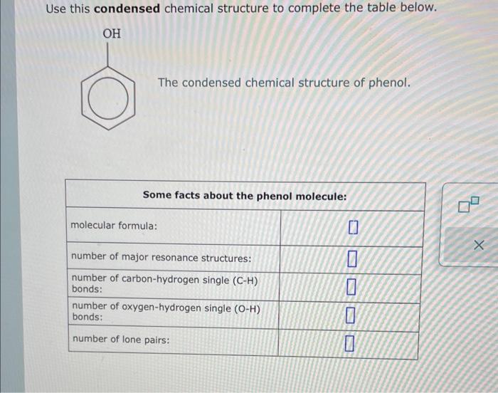 Use this condensed chemical structure to complete the table below.
The condensed chemical structure of phenol.