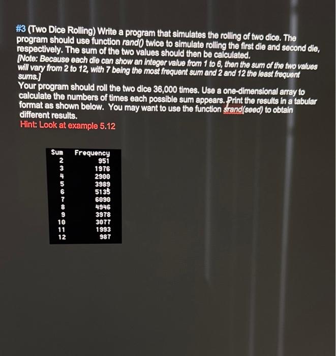 Solved \#3 (Two Dice Rolling) Write a program that simulates | Chegg.com