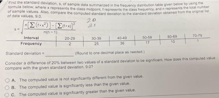 Solved of sample values. Also, compare the computed standard | Chegg.com