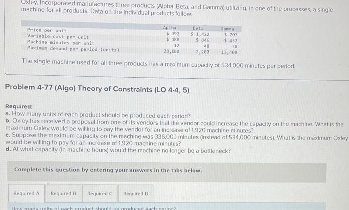 Solved Uxley, Incorporated manufactures three products | Chegg.com 