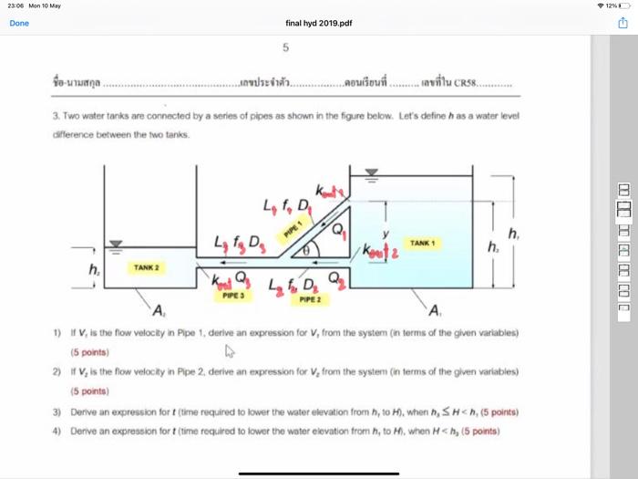 Solved 3. Two water tanks are connected by a series of pipes | Chegg.com