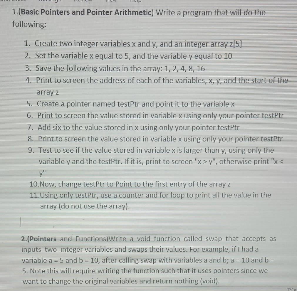 Solved CV 1.(Basic Pointers and Pointer Arithmetic) Write a | Chegg.com