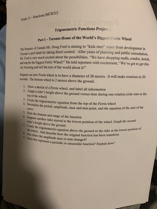 Solved Grade 11 - Functions (MCR3U) Trigonometric Functions | Chegg.com