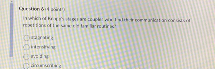 Question 6 (4 points) In which of Knapp's stages are | Chegg.com