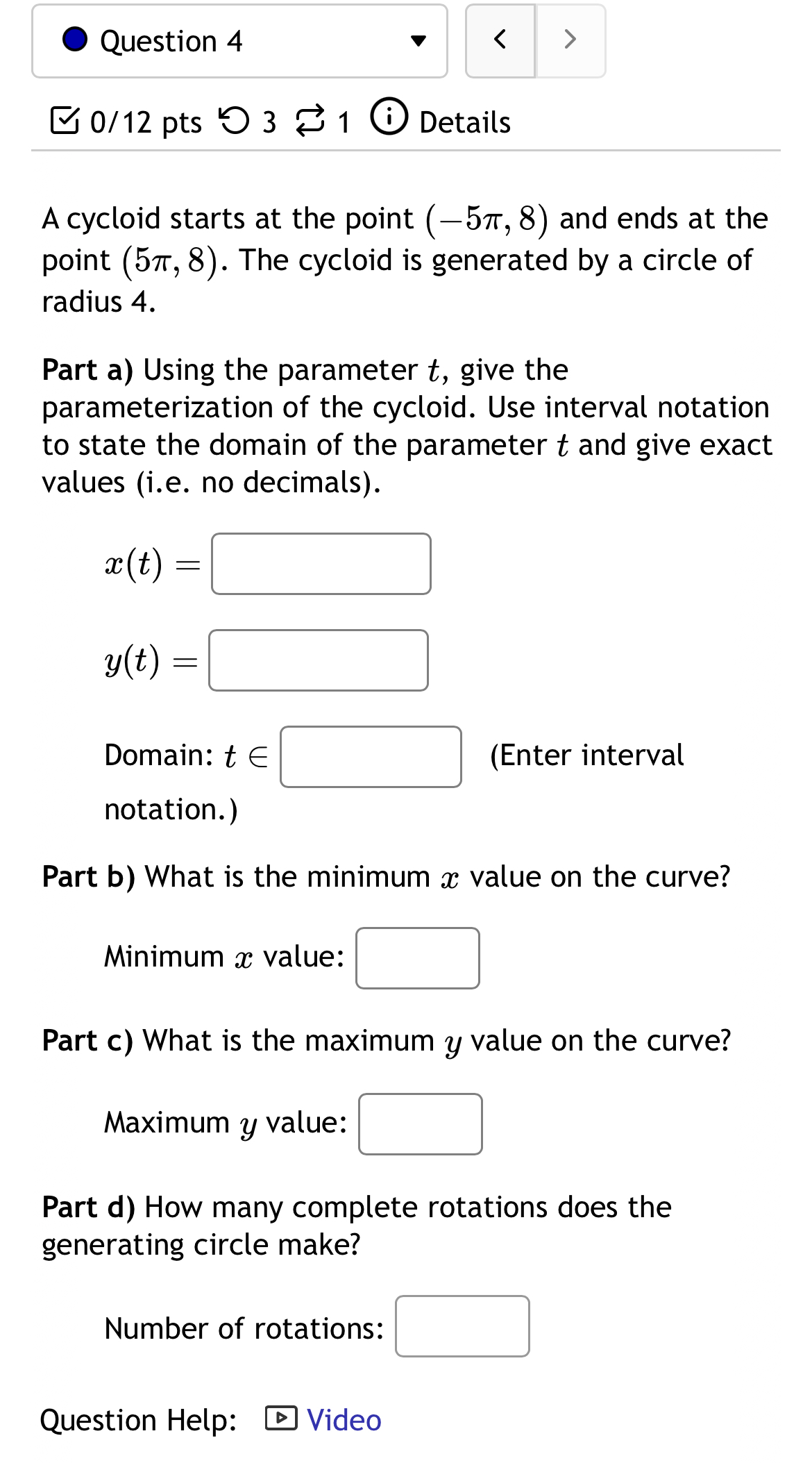 Solved 012 ﻿pts311 (i)DetailsA cycloid starts at the point | Chegg.com