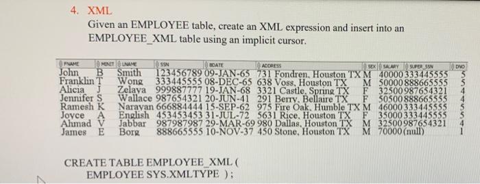 Solved 4. XML Given an EMPLOYEE table, create an XML | Chegg.com
