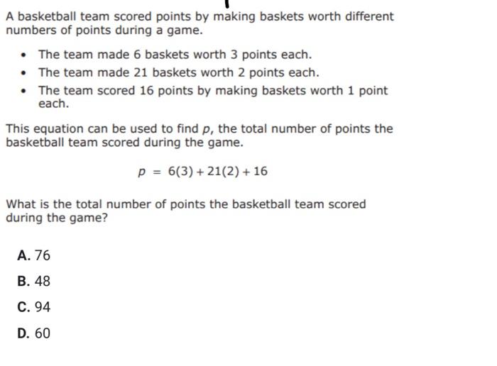 Solved A Basketball Team Scored Points By Making Baskets | Chegg.com