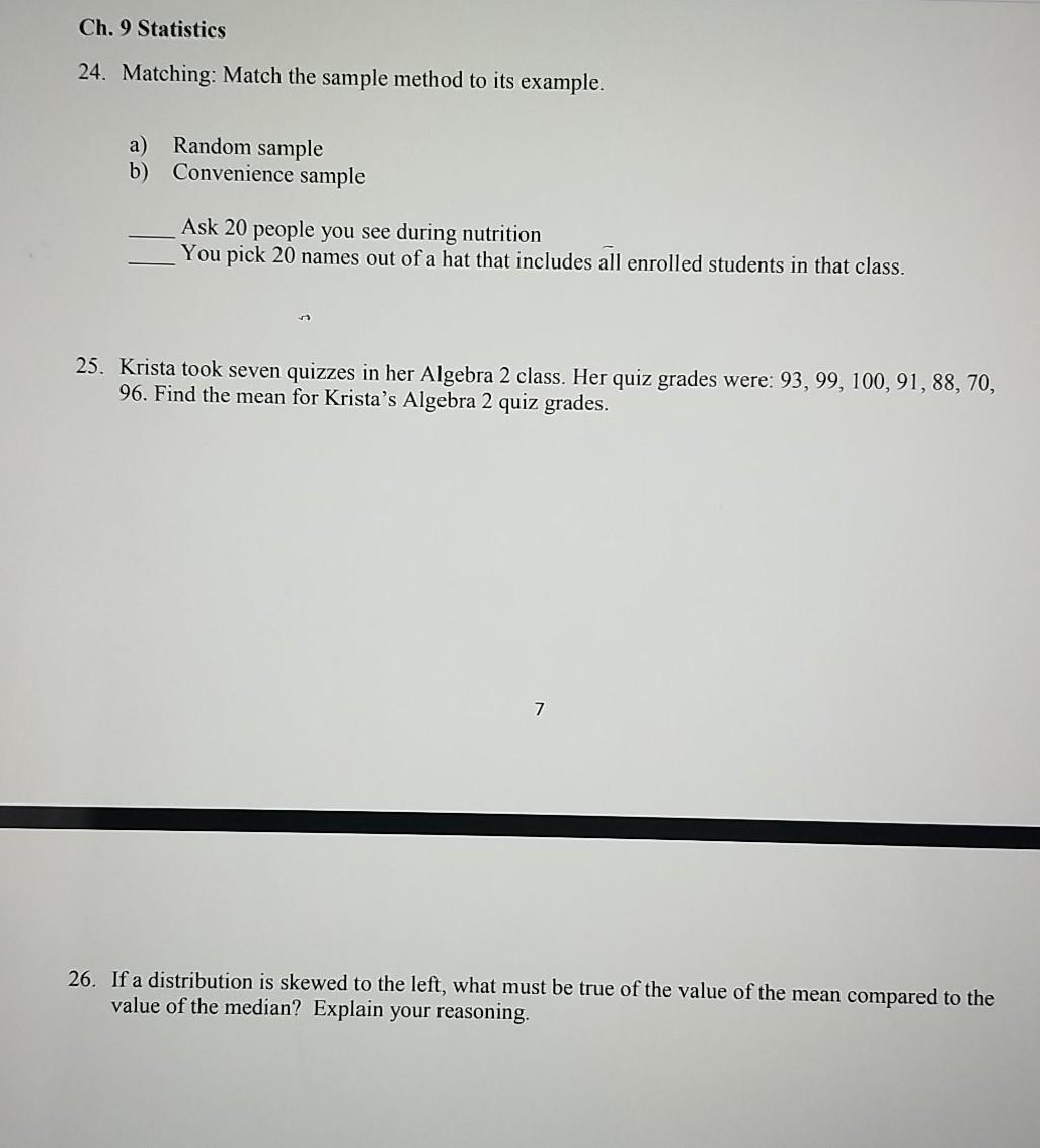 Solved Ch. 9 Statistics 24. Matching: Match the sample | Chegg.com