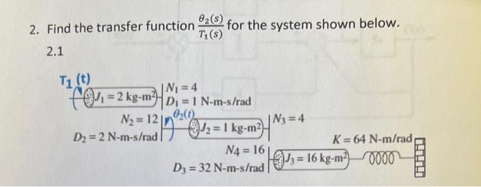 Solved 2. Find the transfer function T1(s)θ2(s) for the | Chegg.com