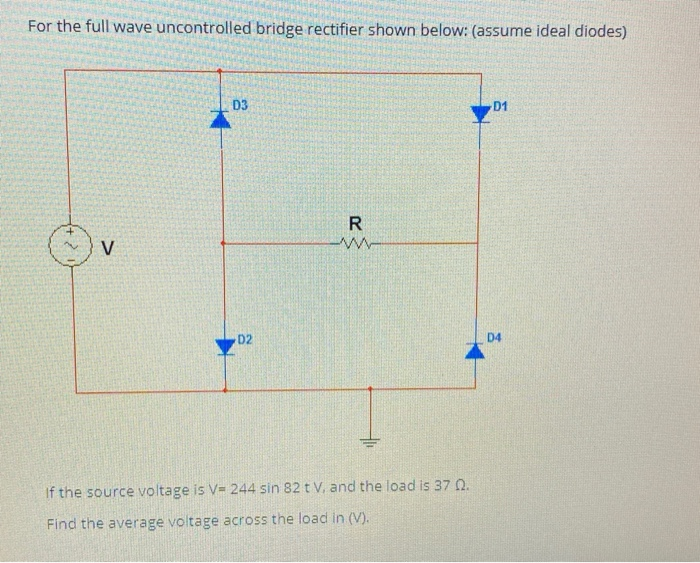 Solved For the full wave uncontrolled bridge rectifier shown | Chegg.com