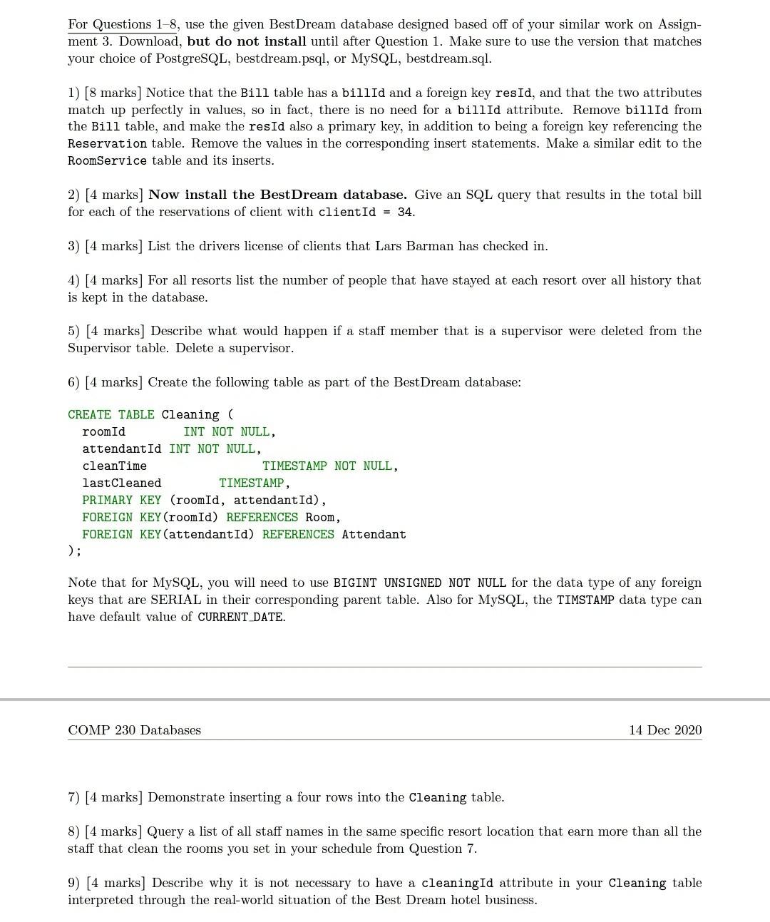 Solved CREATE DATABASE bestdream; USE bestdream; CREATE | Chegg.com