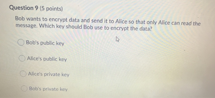 Solved Question 9 (5 points) Bob wants to encrypt data and | Chegg.com