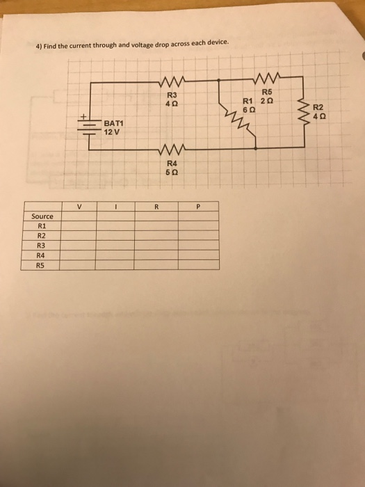 Solved 4) Find the current through and voltage drop across | Chegg.com