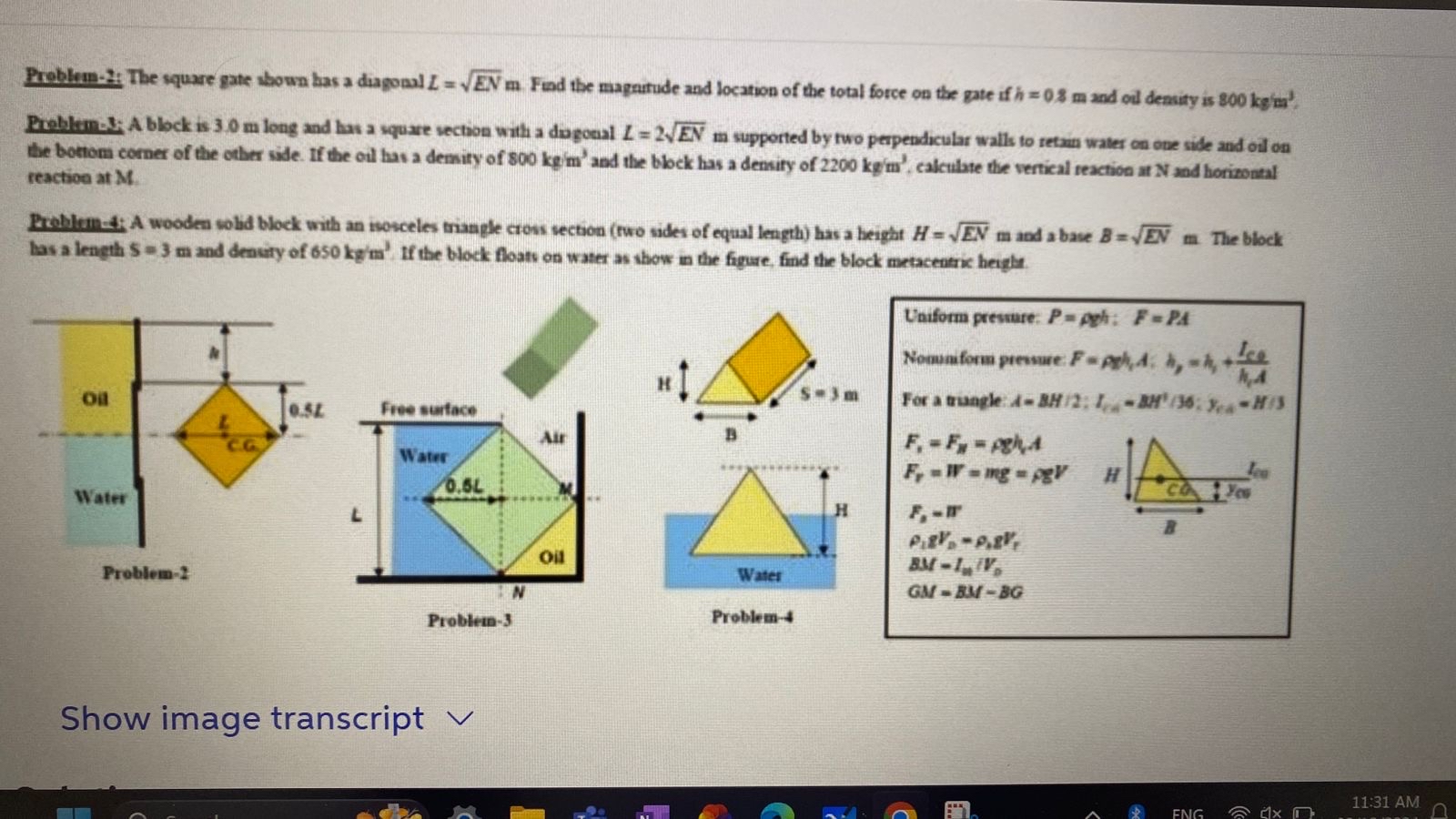 Solved Problem-2: The square gate shown has a diagonal | Chegg.com