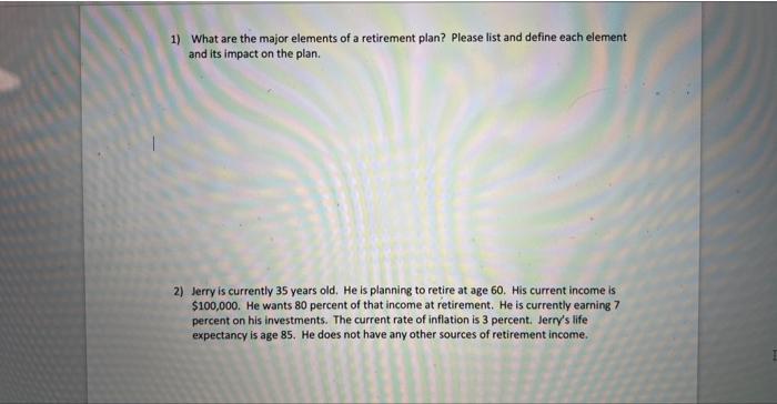 Solved 1) What are the major elements of a retirement plan? | Chegg.com