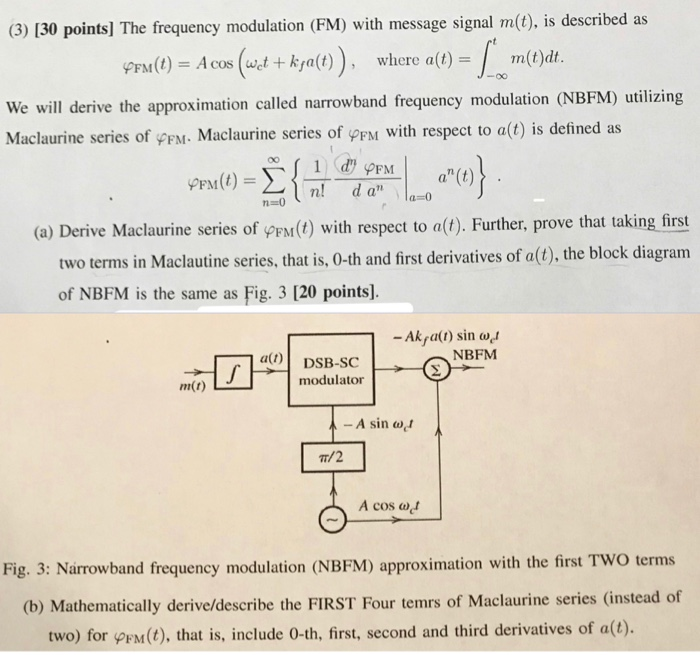 Frequency Modulation Math (3) [30 points) The frequency modulation (FM) with | Chegg.com