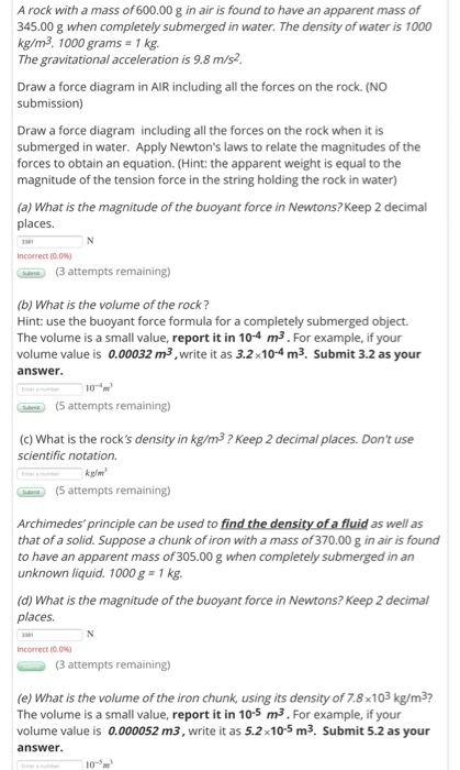 Solved A Rock With A Mass Of 600 00 G In Air Is Found To