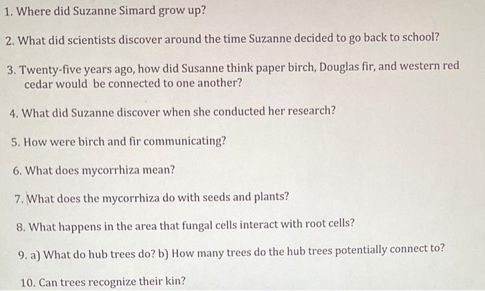 Solved 1. Where did Suzanne Simard grow up? 2. What did | Chegg.com