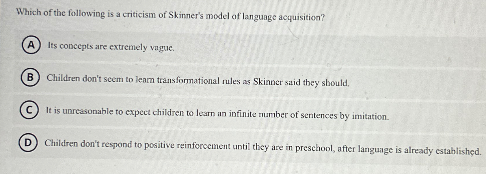 Solved Which Of The Following Is A Criticism Of Skinner's | Chegg.com