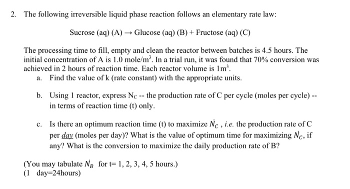 Solved 2. The following irreversible liquid phase reaction | Chegg.com