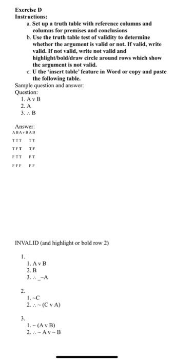 Solved Exercise D Instructions: a. Set up a truth table with | Chegg.com