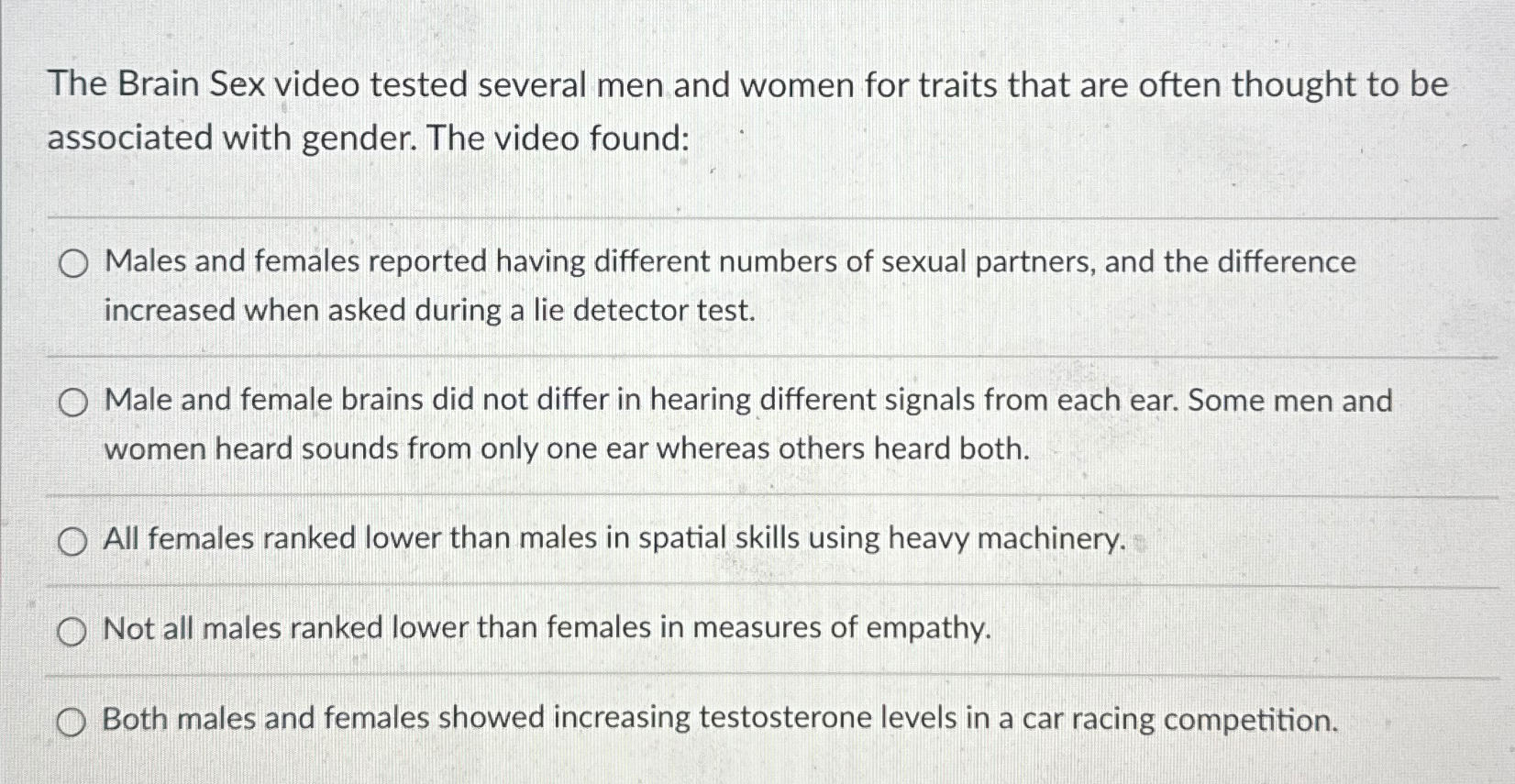 Solved The Brain Sex video tested several men and women for | Chegg.com