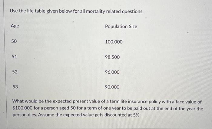 Solved Use the life table given below for all mortality | Chegg.com