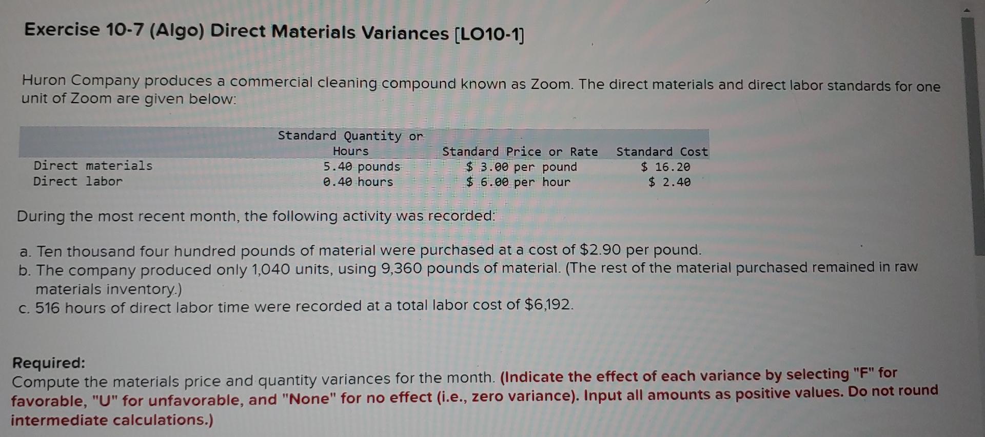 Solved Exercise 10-7 (Algo) Direct Materials Variances | Chegg.com