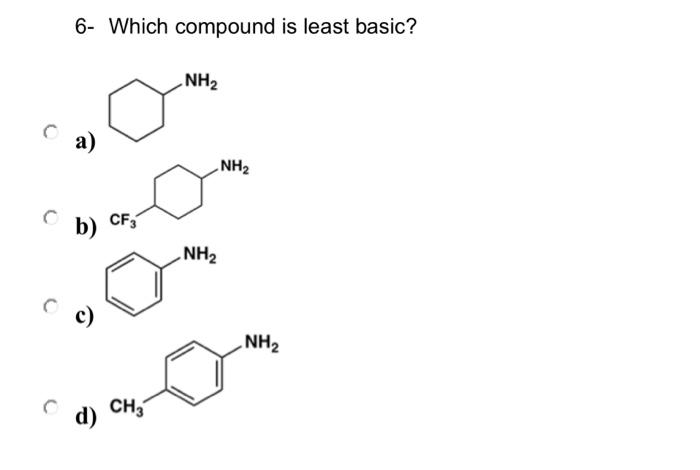 Solved 6- Which compound is least basic? a) b) c) d) | Chegg.com
