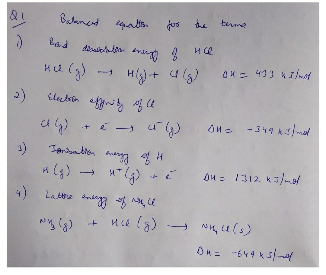 Solved Balanced Equation For The Terms D Bond Dissociatio Chegg Com