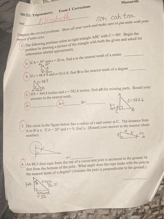 Solved Massarelli Math 121: Trigonometry Name Exam I | Chegg.com