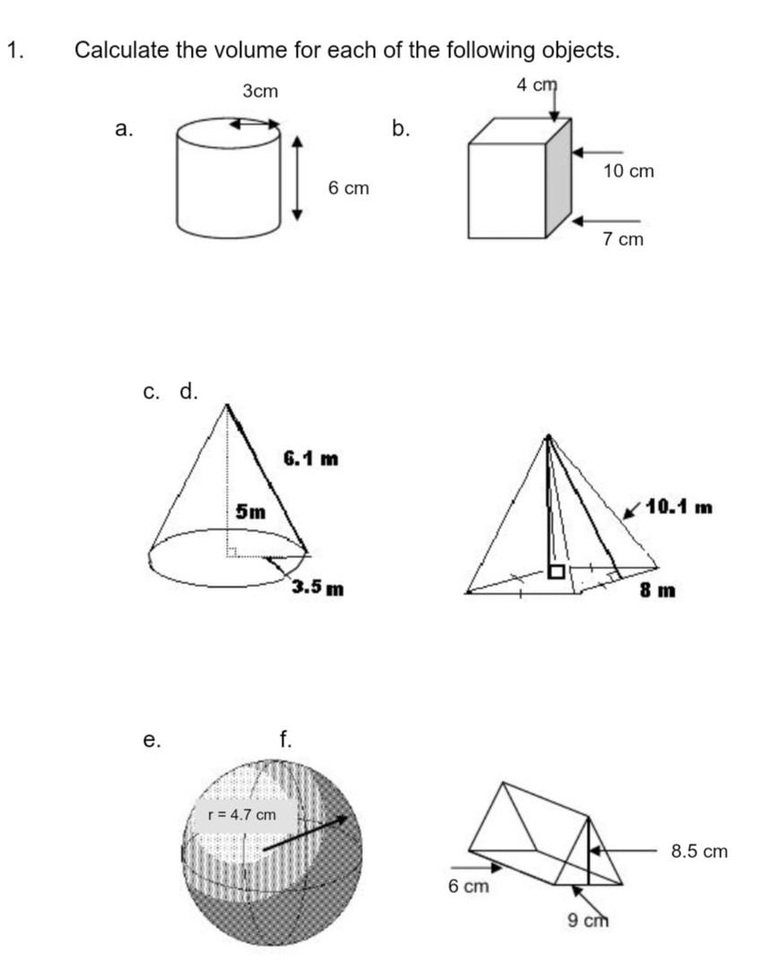 Solved Calculate The Volume For Each Of The Following