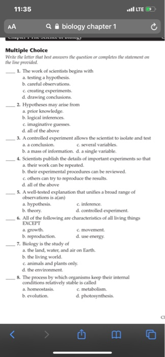 Solved 11:35 villus AA a biology chapter 1 C Multiple Choice | Chegg.com