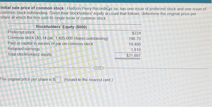 Solved Initial sale price of common stock Hudson-Perry | Chegg.com