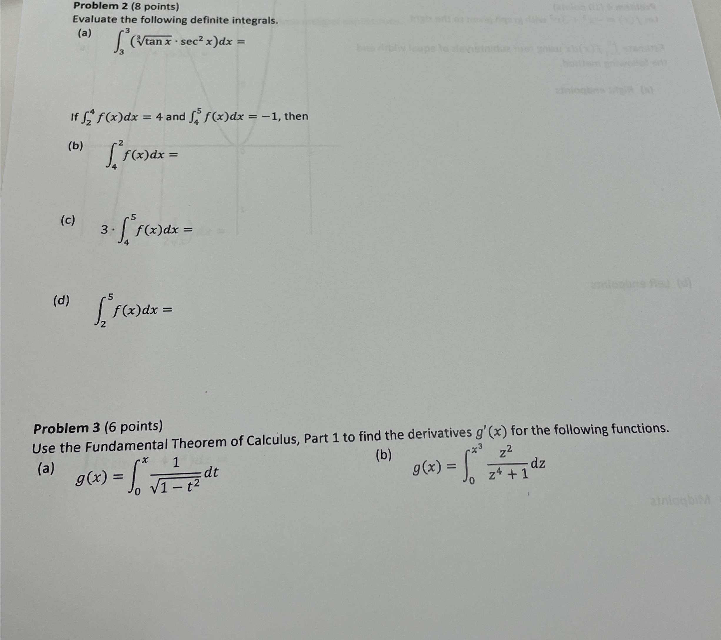 Solved Problem 2 (8 ﻿points)Evaluate the following definite | Chegg.com