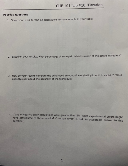 CHE 101 Lab 10 Titration Postlab questions 1. Show