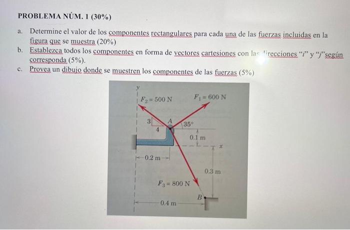 PROBLEMA NÚM. \( 1(30 \%) \) a. Determine el valor de los componentes rectangulares para cada una de las fuerzas incluidas en